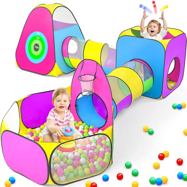 5pc Kids Play Tent for Toddler with 1 Baby Ball Pits, 2 Baby Crawl Tunnels, 2 Pop Up Tents, Indoor Outdoor Playhouse Toys for Boys/Girls, Gift Target Game with 4 Dart Balls